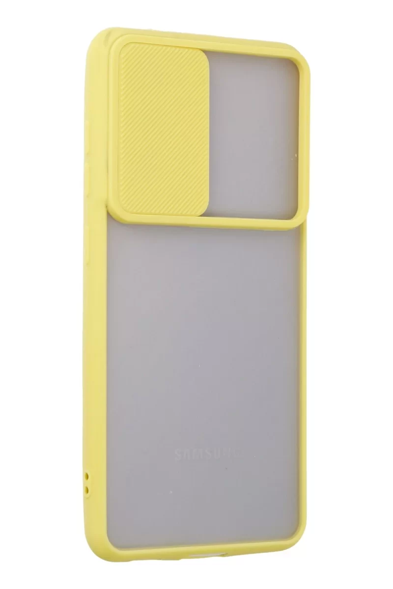 Newface Samsung Galaxy S21 FE Kılıf Palm Buzlu Kamera Sürgülü Silikon - Sarı