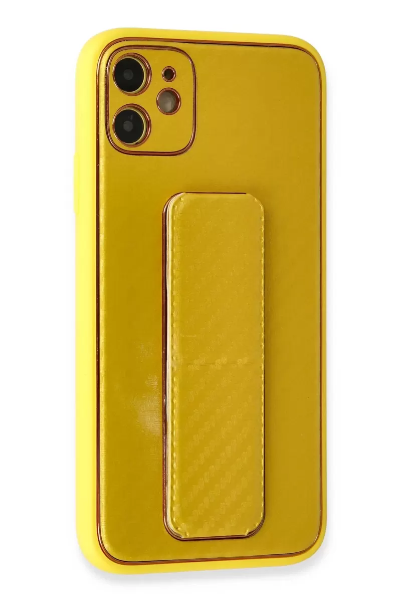 Newface Apple iPhone 12 Kılıf Coco Karbon Standlı Kapak - Sarı