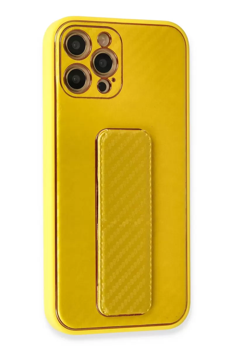 Newface Apple iPhone 12 Pro Kılıf Coco Karbon Standlı Kapak - Sarı