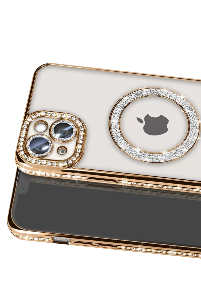 Newface Apple iPhone 14 Kılıf Joke Simli Magneticsafe Kılıf - Gold