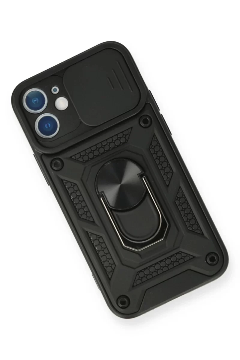 Newface Apple iPhone 12 Mini Kılıf Pars Lens Yüzüklü Silikon - Siyah