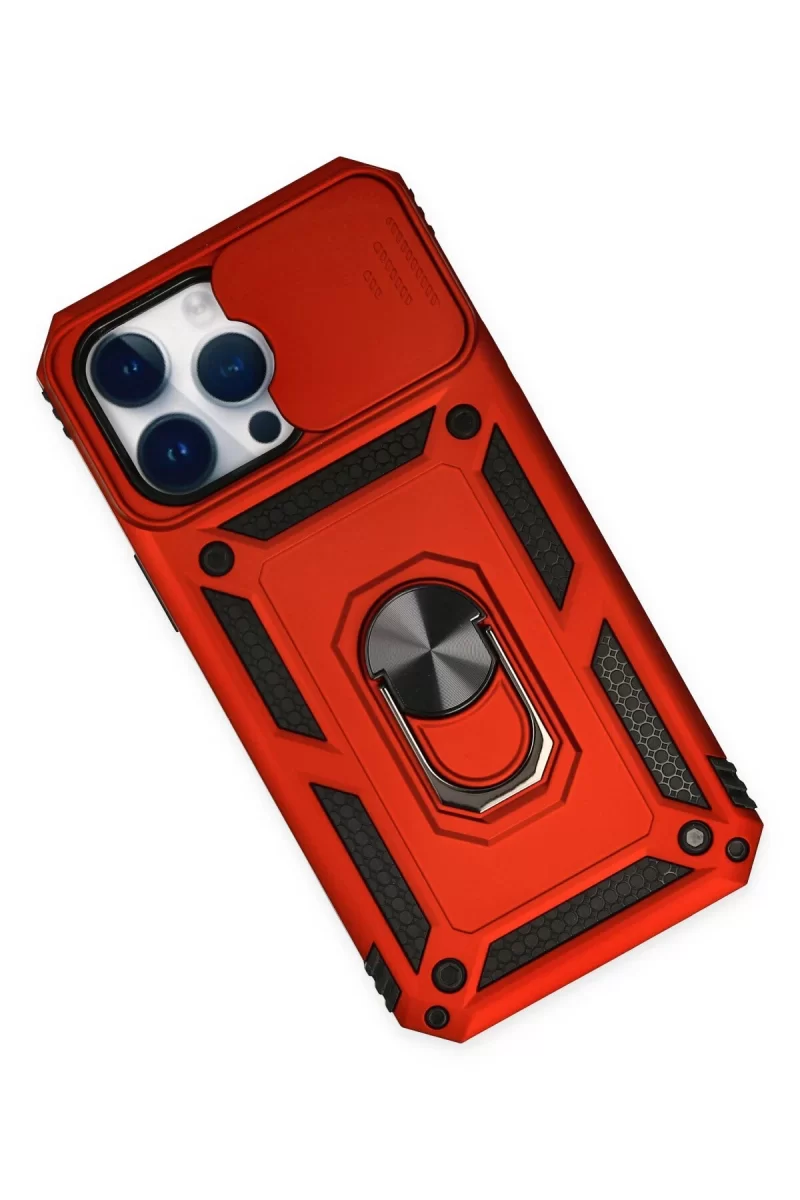 Newface Apple iPhone 14 Pro Max Kılıf Pars Lens Yüzüklü Silikon - Kırmızı