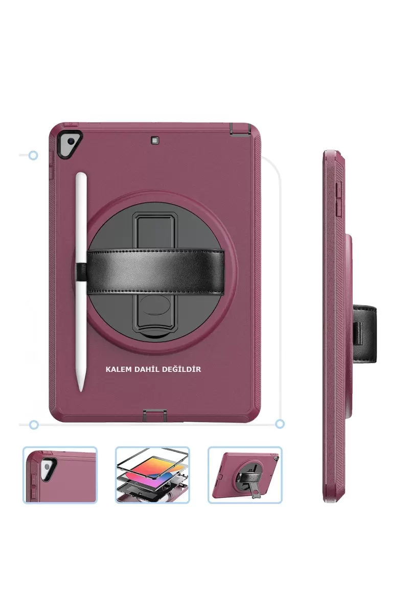 Newface Apple iPad 10.2 (7.nesil) Kılıf Hand Strap Tablet Kılıfı - Mürdüm
