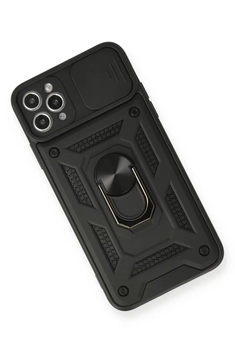 Newface Apple iPhone 11 Pro Max Kılıf Pars Lens Yüzüklü Silikon - Siyah