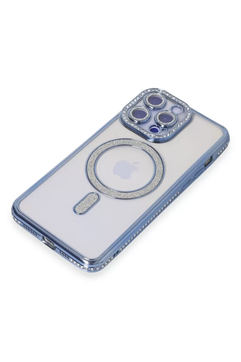 Newface Apple iPhone 14 Pro Max Kılıf Joke Simli Magneticsafe Kılıf - Mavi