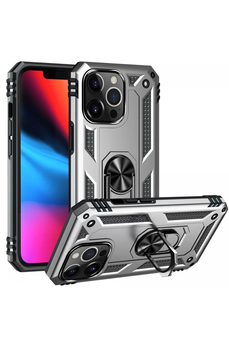 Newface Apple iPhone 14 Pro Kılıf Sofya Yüzüklü Silikon Kapak - Gümüş