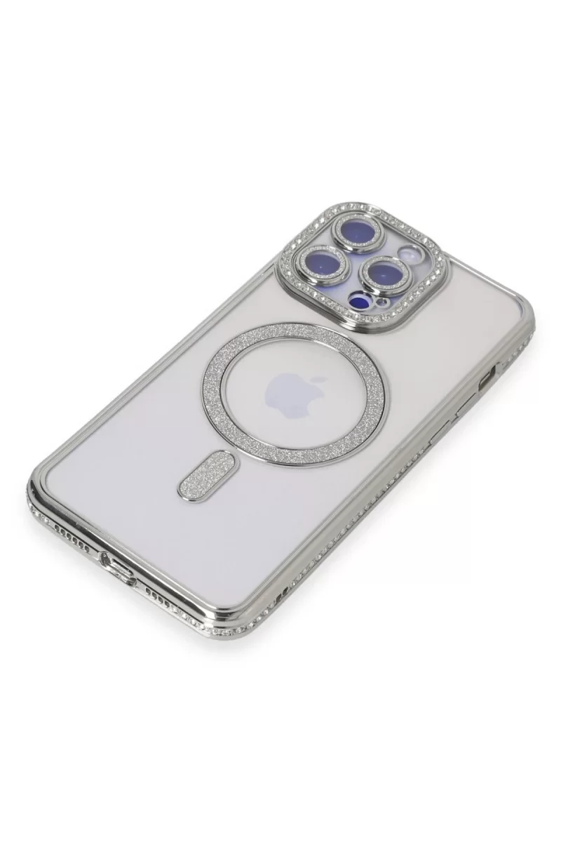 Newface Apple iPhone 14 Pro Max Kılıf Joke Simli Magneticsafe Kılıf - Gümüş