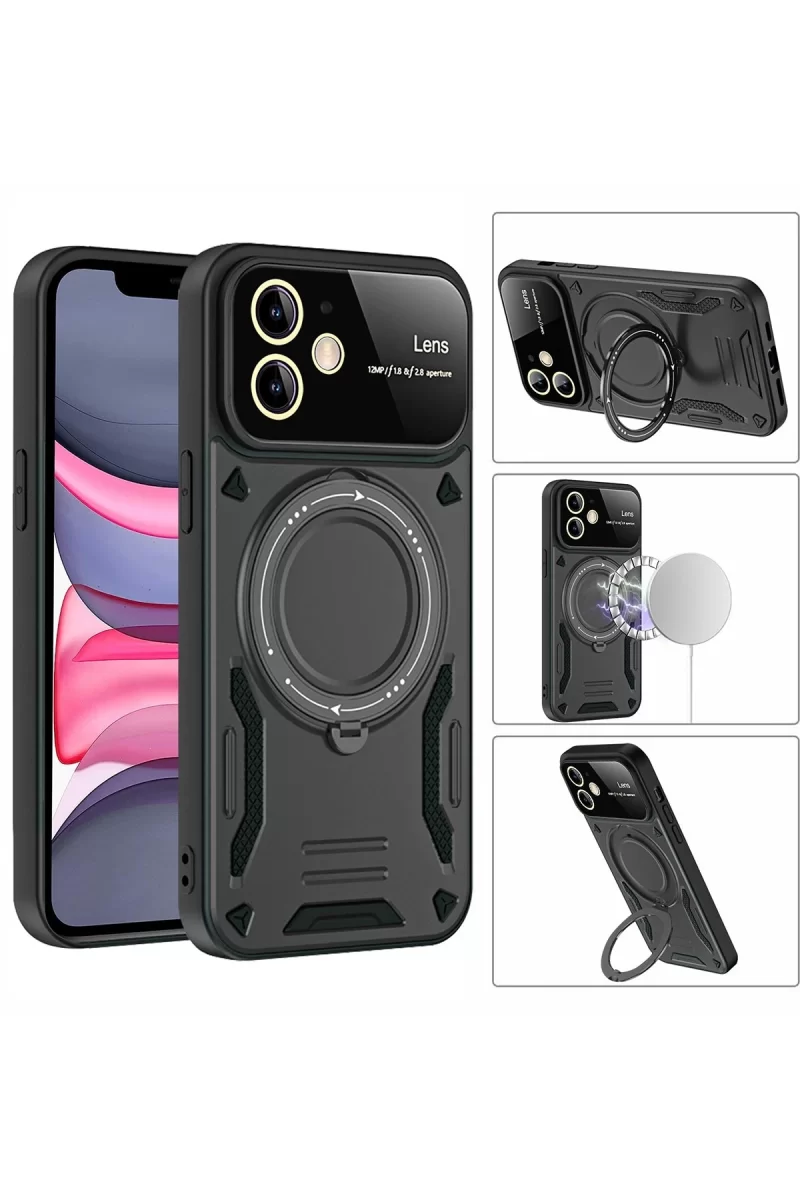 Newface Apple iPhone 11 Kılıf Joy Lens Standlı Kapak - Koyu Yeşil