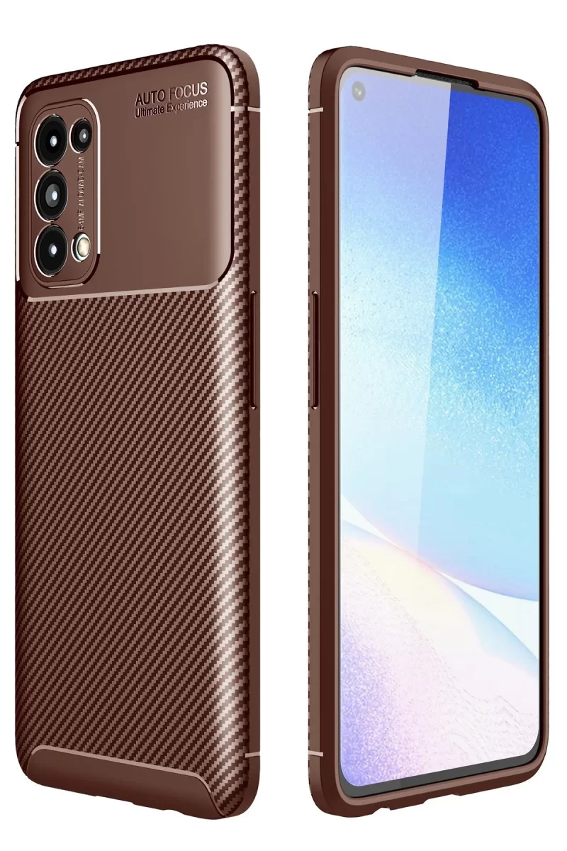 Newface Oppo Reno 5 Kılıf Auto Focus Karbon Kapak - Kahverengi