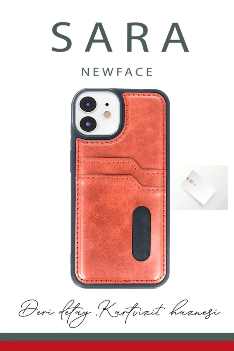 Newface Apple iPhone 11 Kılıf Sara Kartvizitli Deri Kılıf - Kırmızı