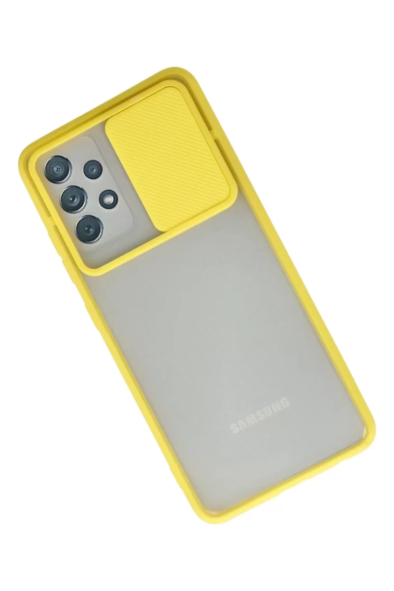 Newface Samsung Galaxy A52 Kılıf Palm Buzlu Kamera Sürgülü Silikon - Sarı