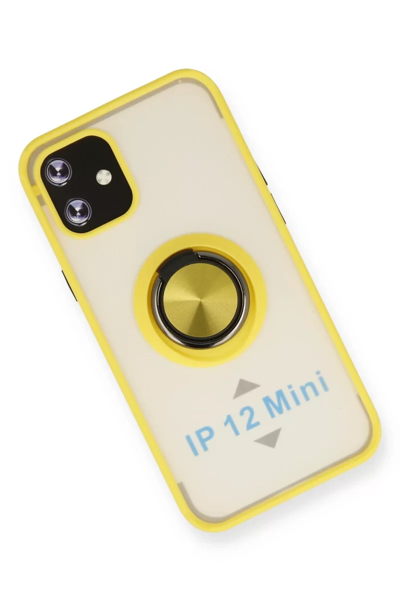 Newface Apple iPhone 12 Mini Kılıf Montreal Yüzüklü Silikon Kapak - Sarı