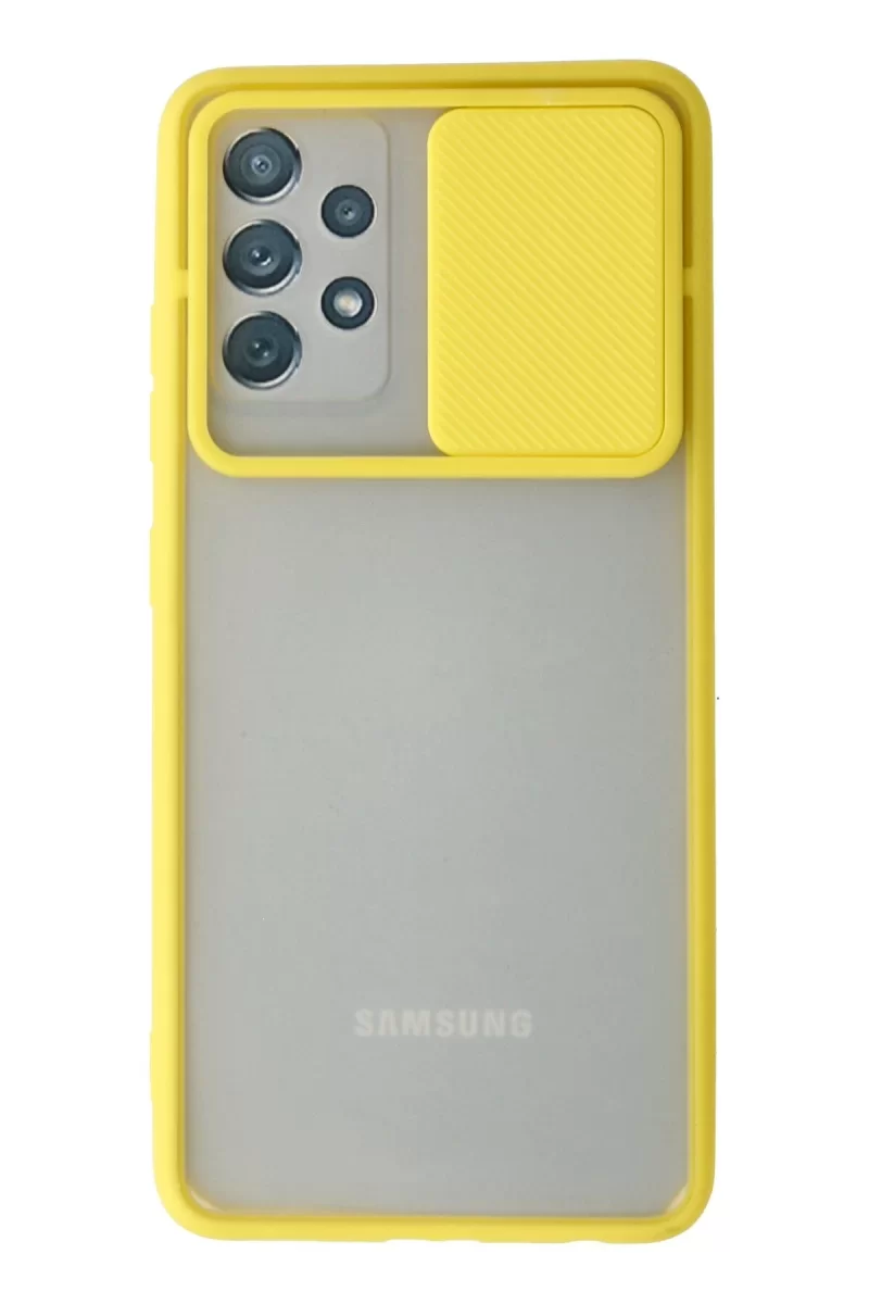 Newface Samsung Galaxy A72 Kılıf Palm Buzlu Kamera Sürgülü Silikon - Sarı
