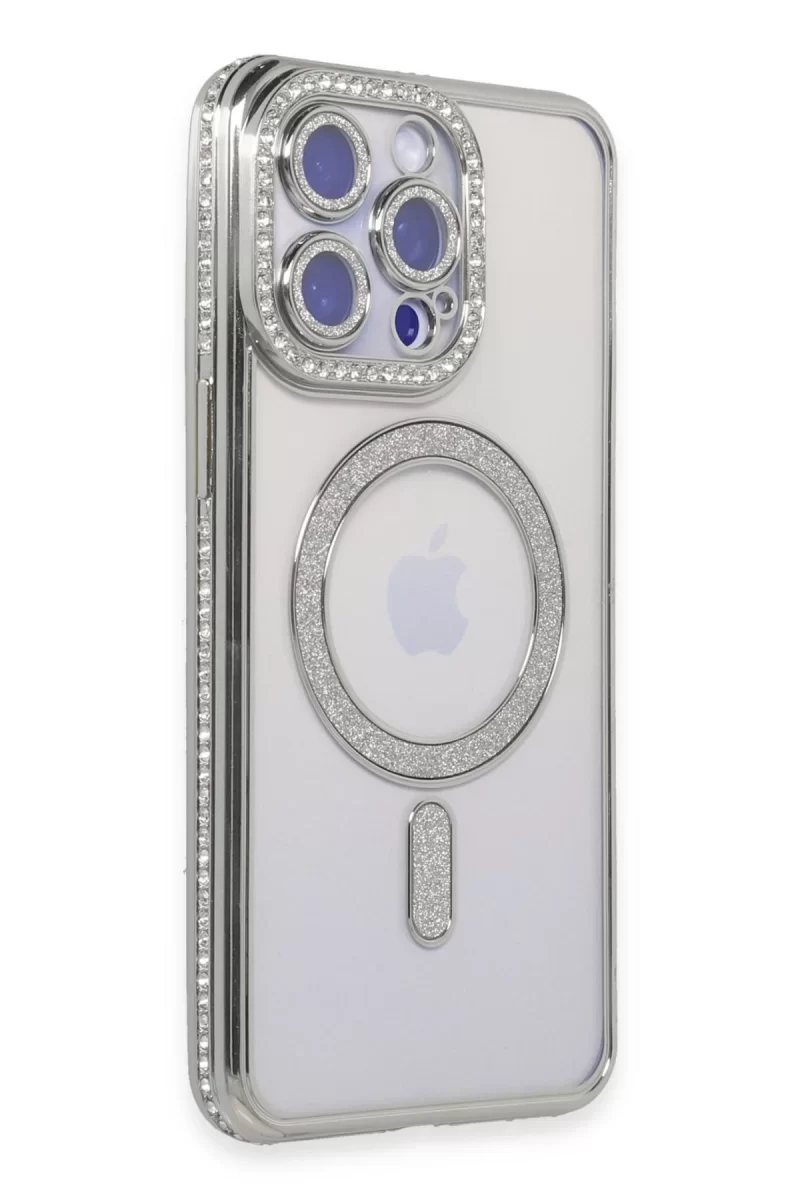 Newface Apple iPhone 15 Pro Kılıf Joke Simli Magneticsafe Kılıf - Gümüş