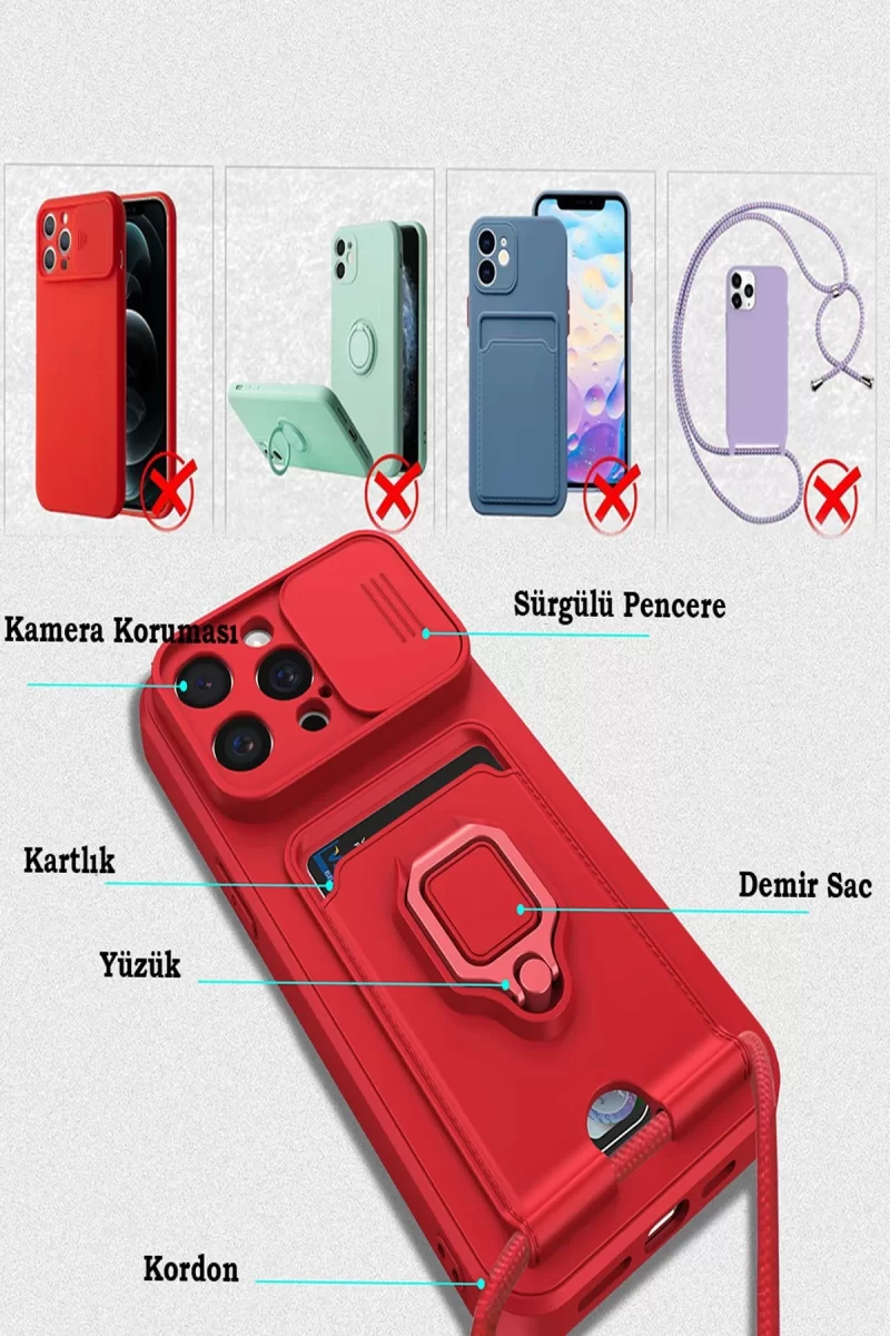 Newface Apple iPhone 15 Pro Max Kılıf Zuma Kartvizitli Yüzüklü Silikon - Kırmızı
