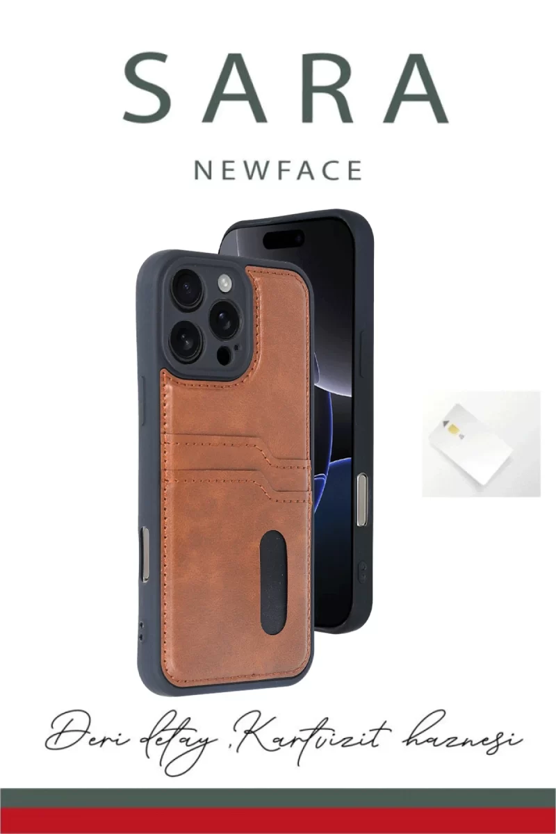 Newface Apple iPhone 16 Pro Kılıf Sara Kartvizitli Deri Kılıf - Siyah