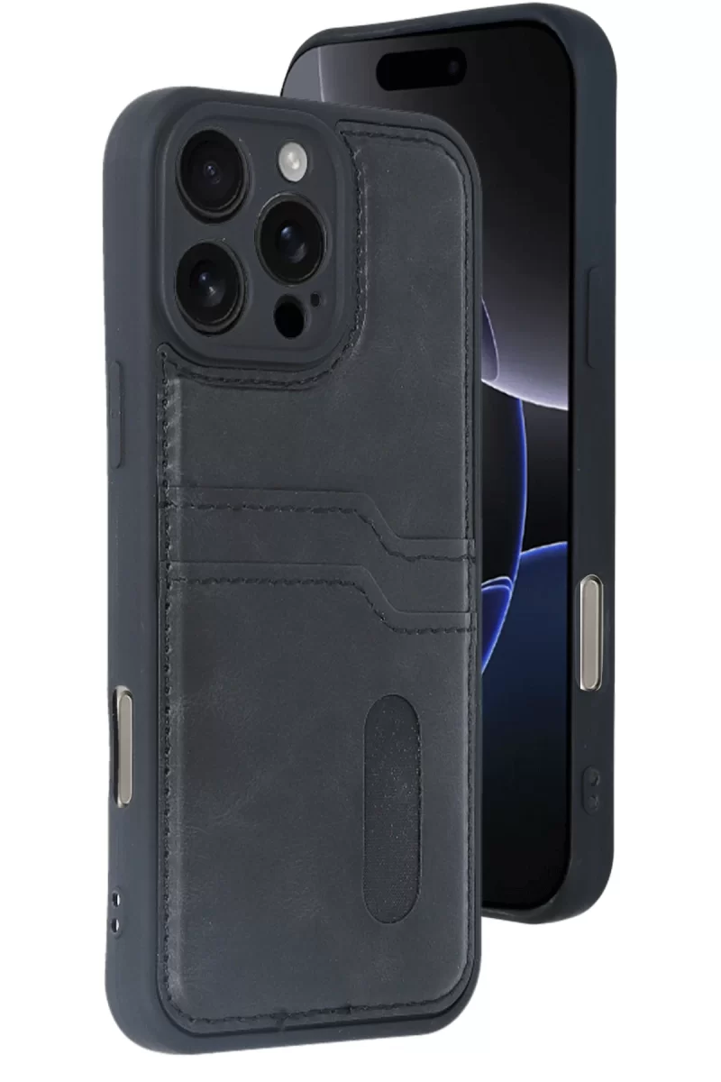 Newface Apple iPhone 16 Pro Max Kılıf Sara Kartvizitli Deri Kılıf - Siyah