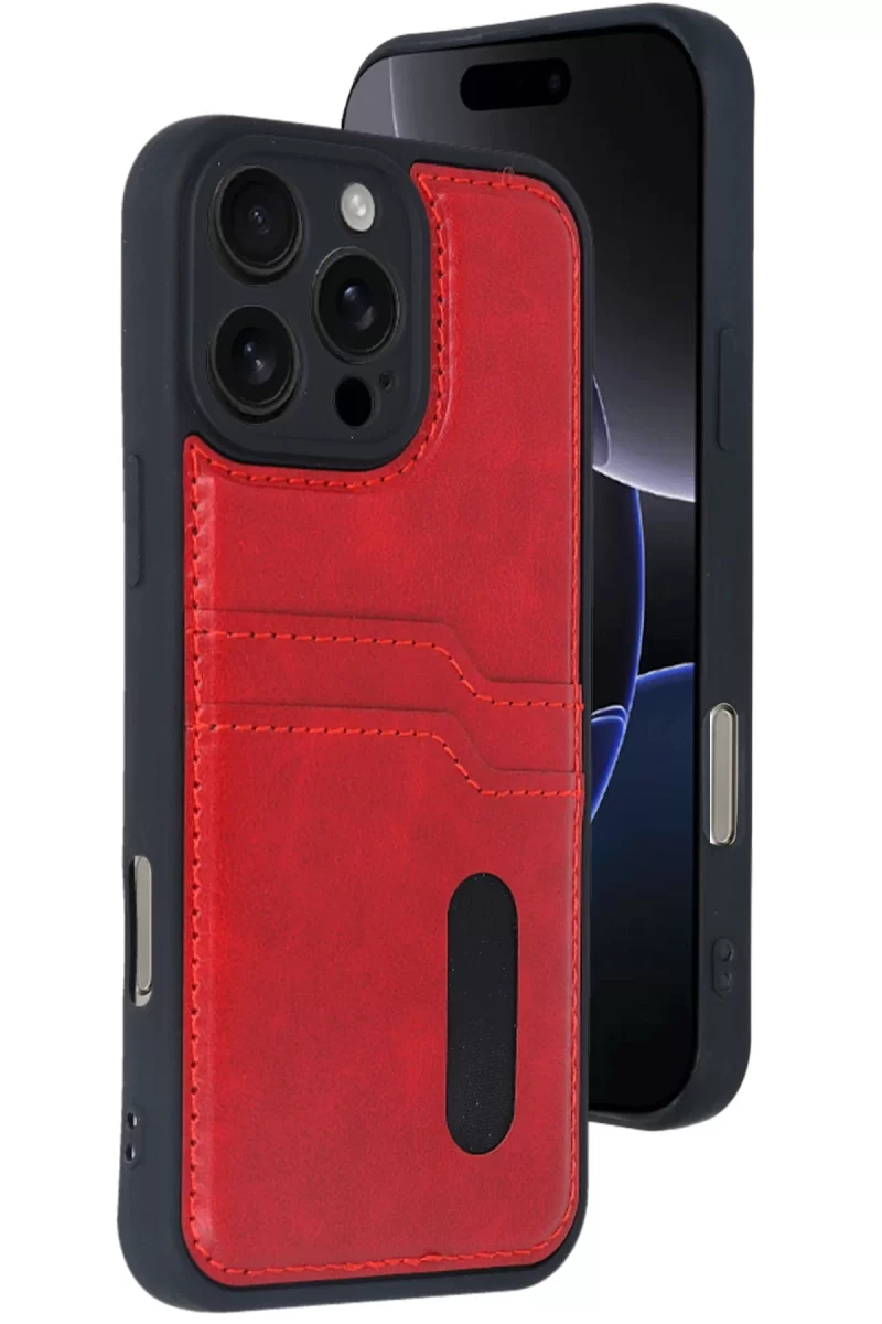 Newface Apple iPhone 16 Pro Max Kılıf Sara Kartvizitli Deri Kılıf - Kırmızı