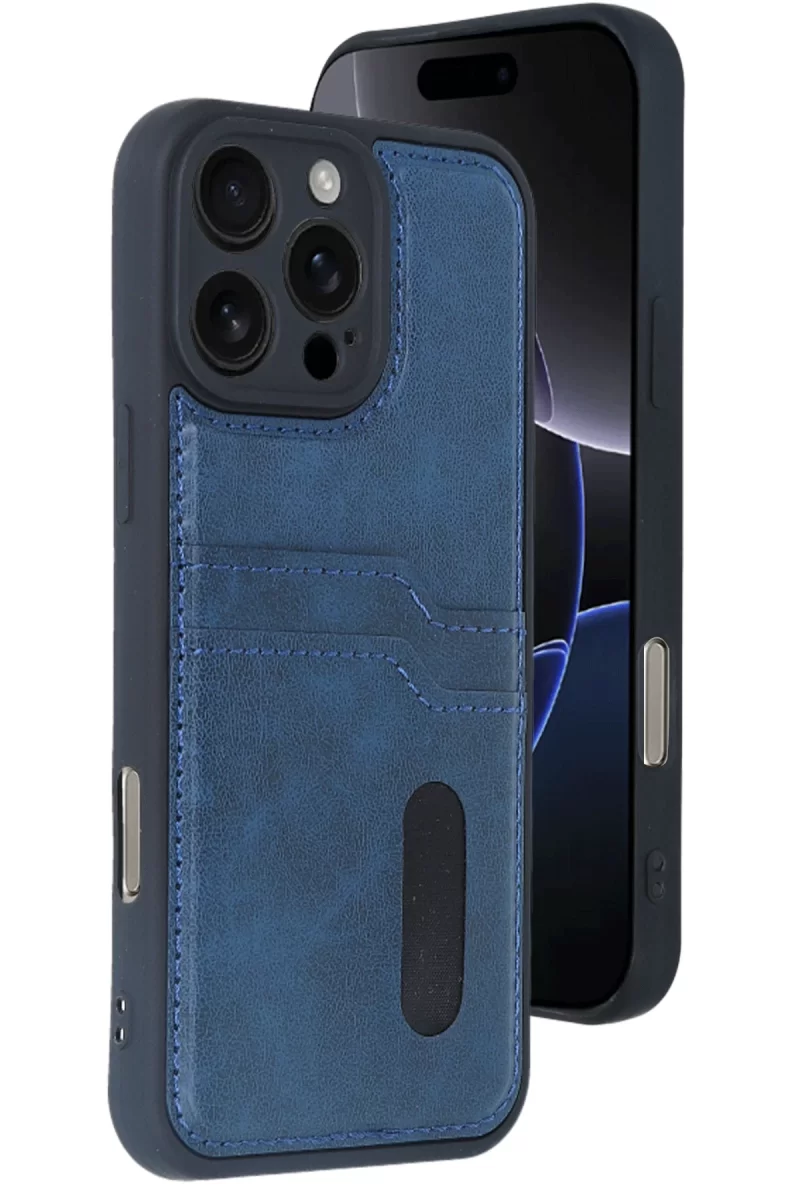 Newface Apple iPhone 16 Pro Max Kılıf Sara Kartvizitli Deri Kılıf - Lacivert