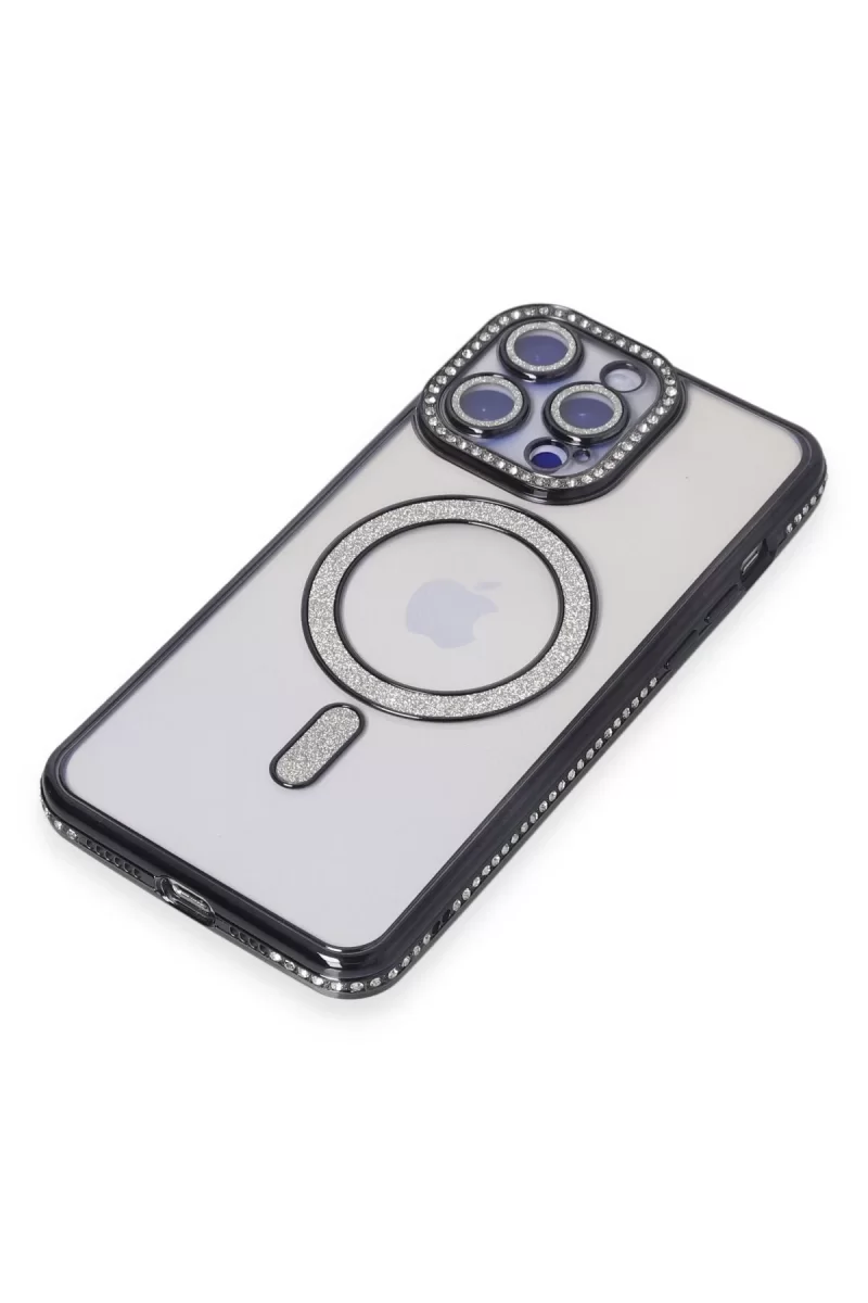 Newface Apple iPhone 15 Pro Max Kılıf Joke Simli Magneticsafe Kılıf - Siyah