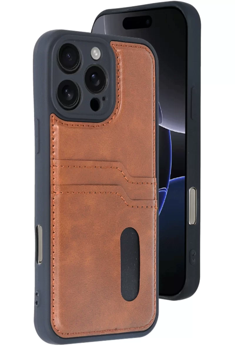 Newface Apple iPhone 16 Pro Max Kılıf Sara Kartvizitli Deri Kılıf - Taba