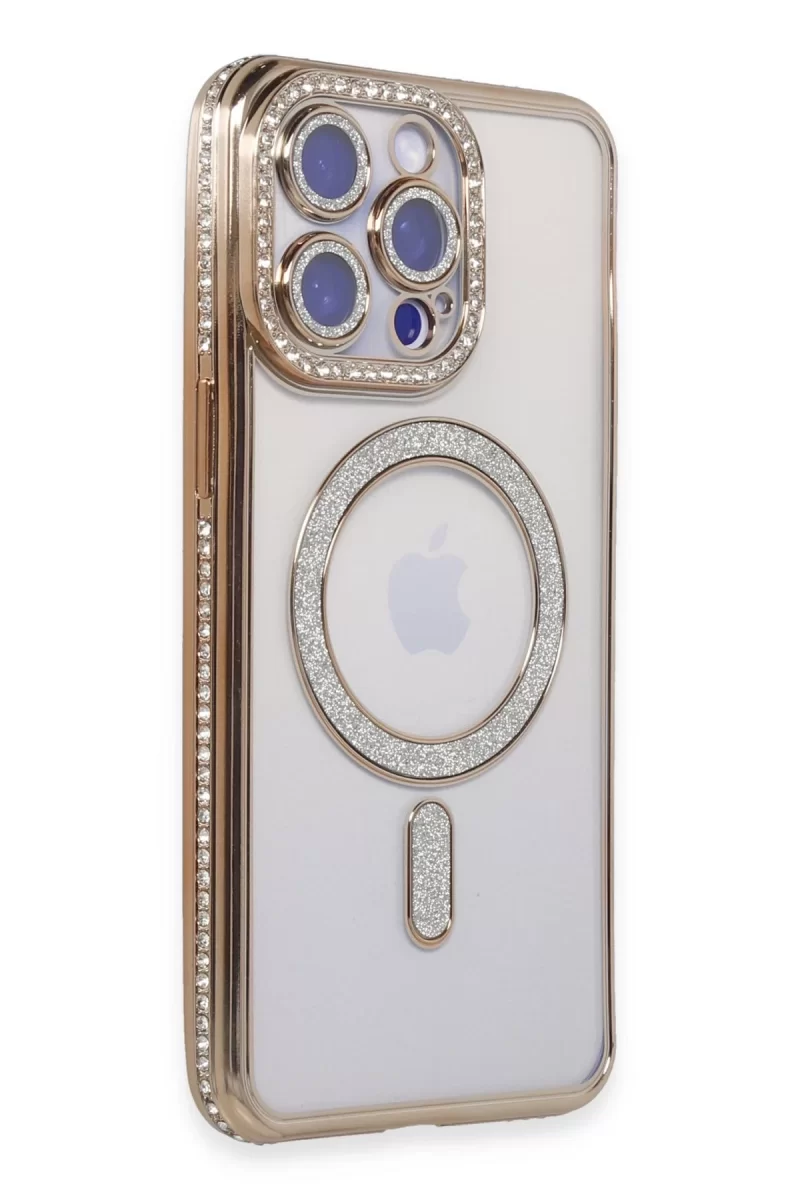 Newface Apple iPhone 15 Pro Max Kılıf Joke Simli Magneticsafe Kılıf - Gold