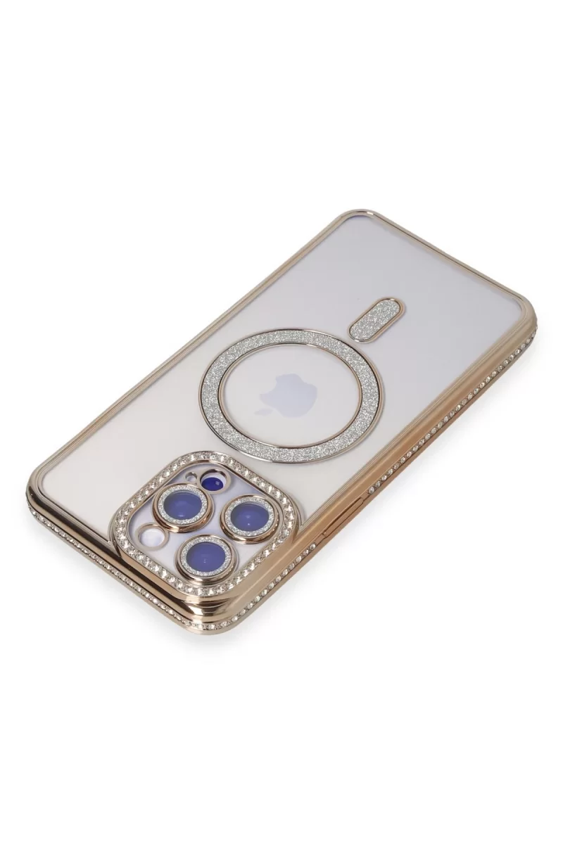 Newface Apple iPhone 15 Pro Max Kılıf Joke Simli Magneticsafe Kılıf - Gold