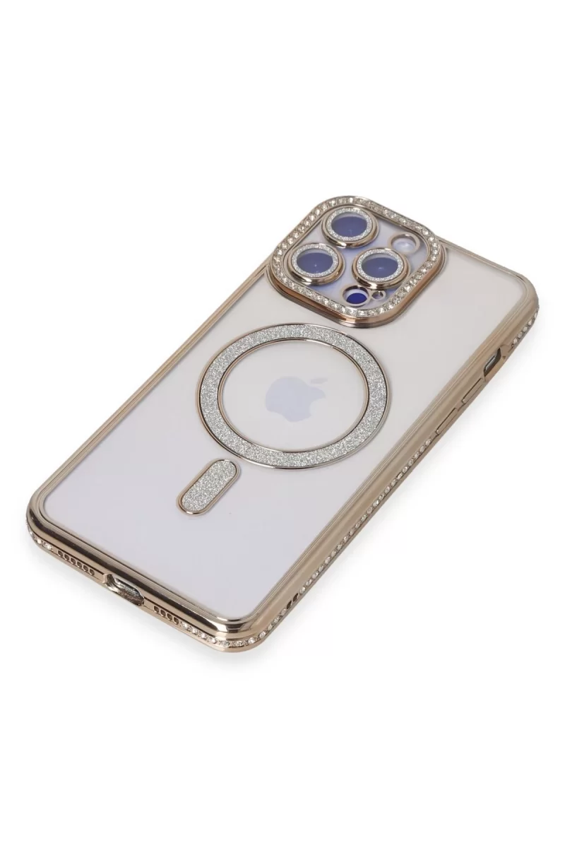 Newface Apple iPhone 15 Pro Max Kılıf Joke Simli Magneticsafe Kılıf - Gold