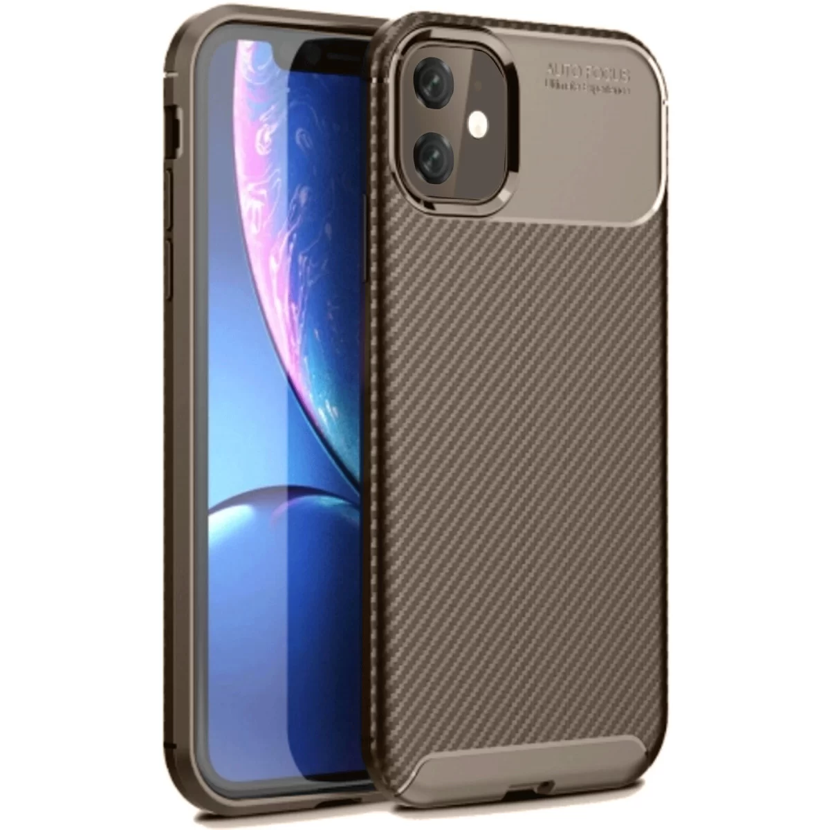 Newface Apple iPhone 11 Kılıf Auto Focus Karbon Kapak - Kahverengi