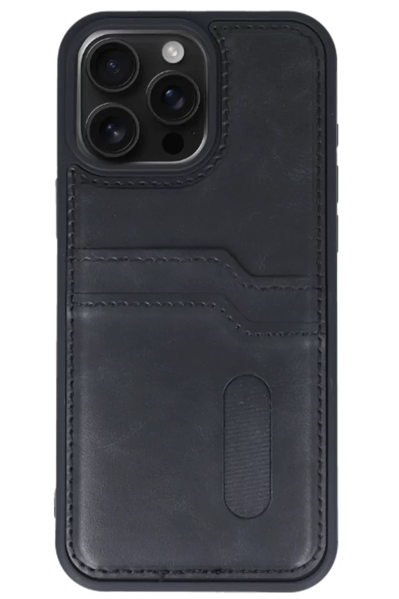 Newface Apple iPhone 15 Pro Max Kılıf Sara Kartvizitli Deri Kılıf - Siyah
