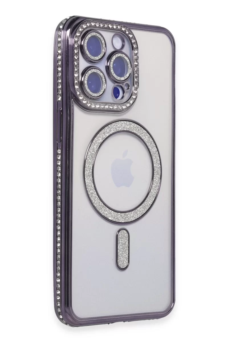 Newface Apple iPhone 15 Pro Max Kılıf Joke Simli Magneticsafe Kılıf - Derin Mor