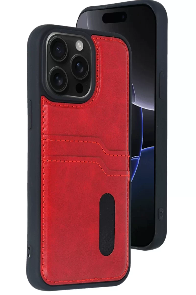 Newface Apple iPhone 15 Pro Max Kılıf Sara Kartvizitli Deri Kılıf - Kırmızı