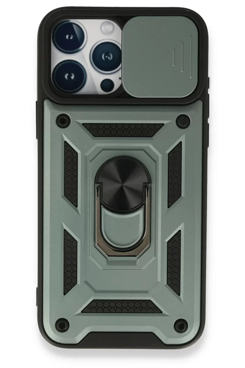 Newface Apple iPhone 15 Pro Kılıf Pars Lens Yüzüklü Silikon - Yeşil