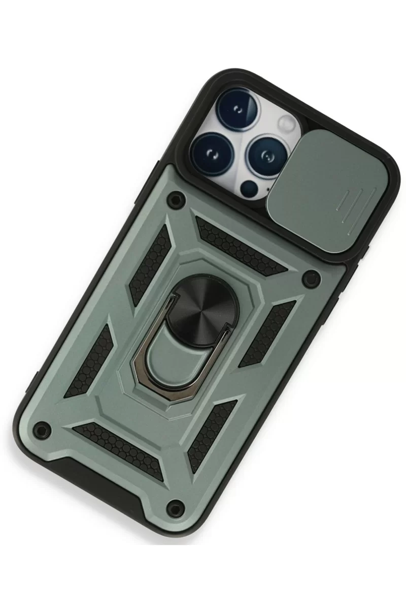 Newface Apple iPhone 15 Pro Kılıf Pars Lens Yüzüklü Silikon - Yeşil