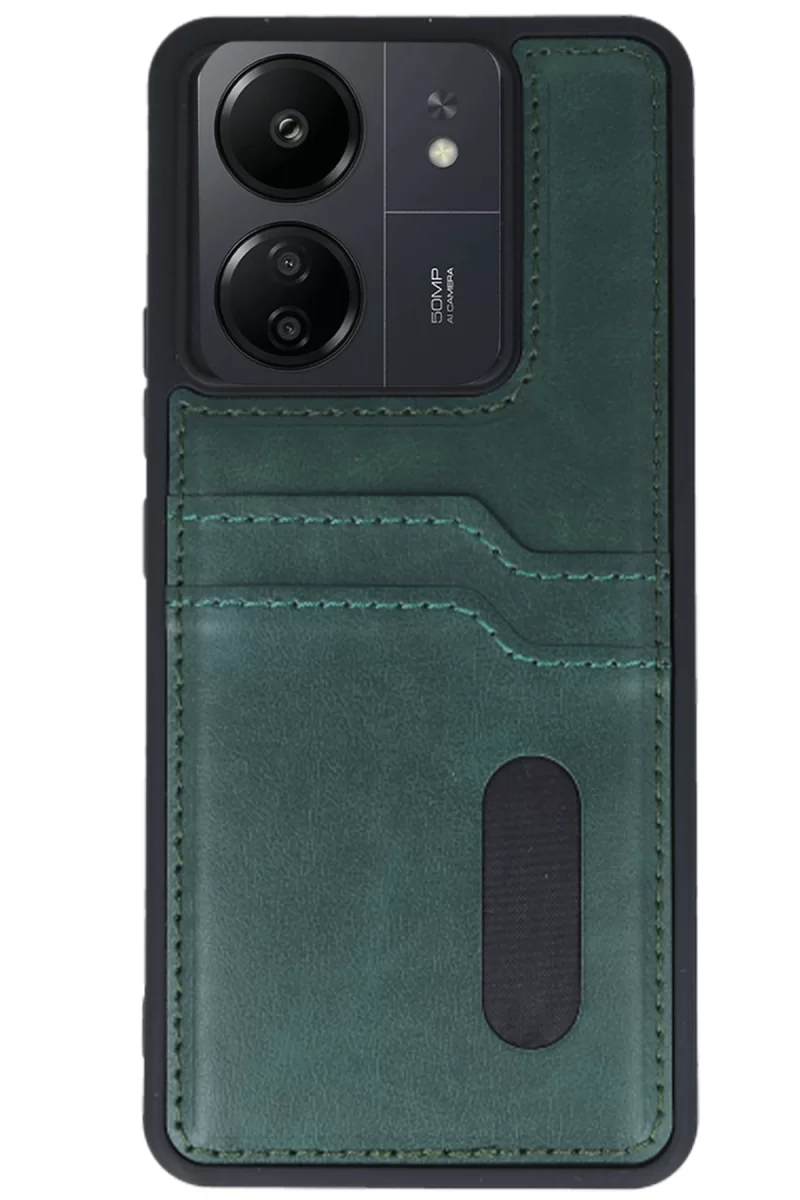Newface Xiaomi Redmi 13C Kılıf Sara Kartvizitli Deri Kılıf - Koyu Yeşil