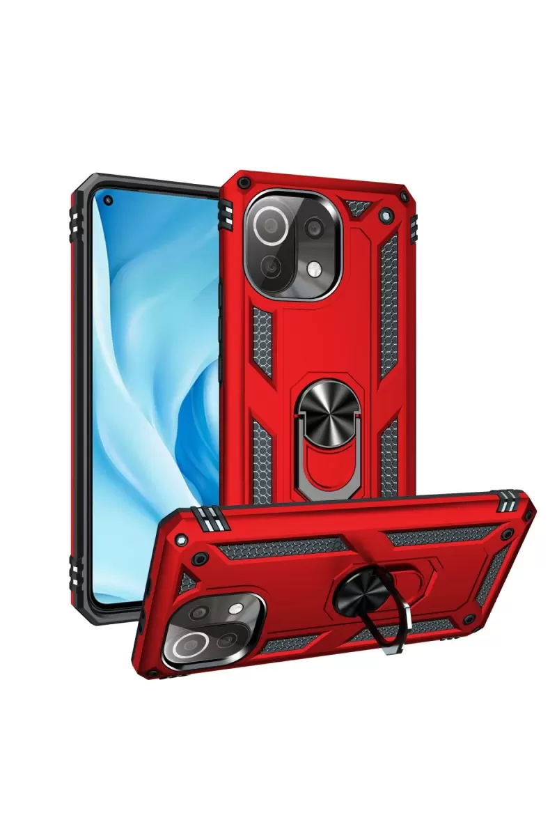 Newface Xiaomi Mİ 11 Lite Kılıf Sofya Yüzüklü Silikon Kapak - Kırmızı