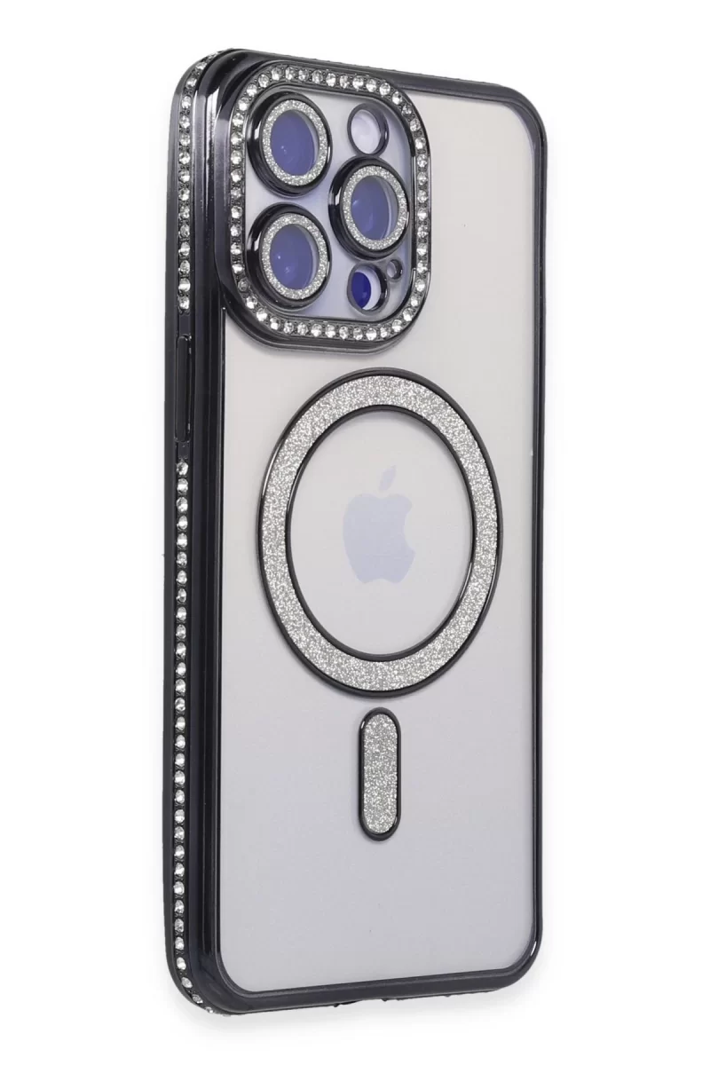 Newface Apple iPhone 15 Pro Kılıf Joke Simli Magneticsafe Kılıf - Siyah
