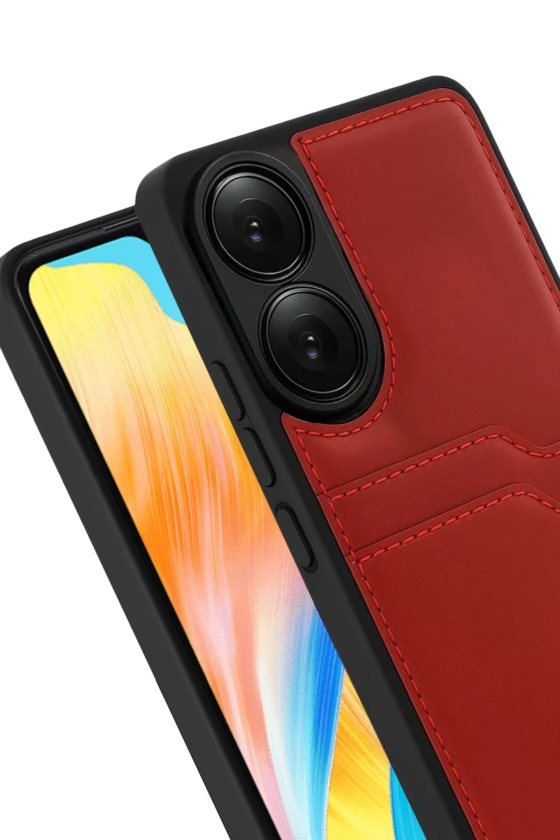 Newface Oppo A38 Sara Kartvizitli Deri Kılıf - Kırmızı