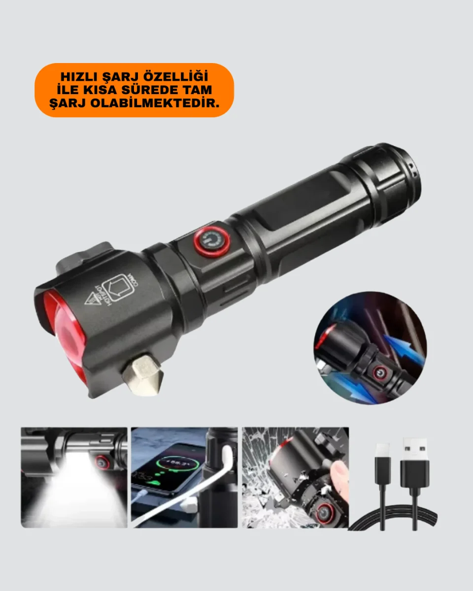 Çekiçli Pusulalı Acil Durum Feneri USB Şarjlı Çok Fonksiyonlu