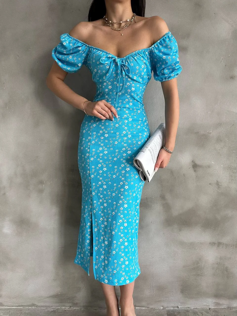 Mavi Çiçek Desenli Yırtmaçlı Karpuz Kol Bürümcük Elbise