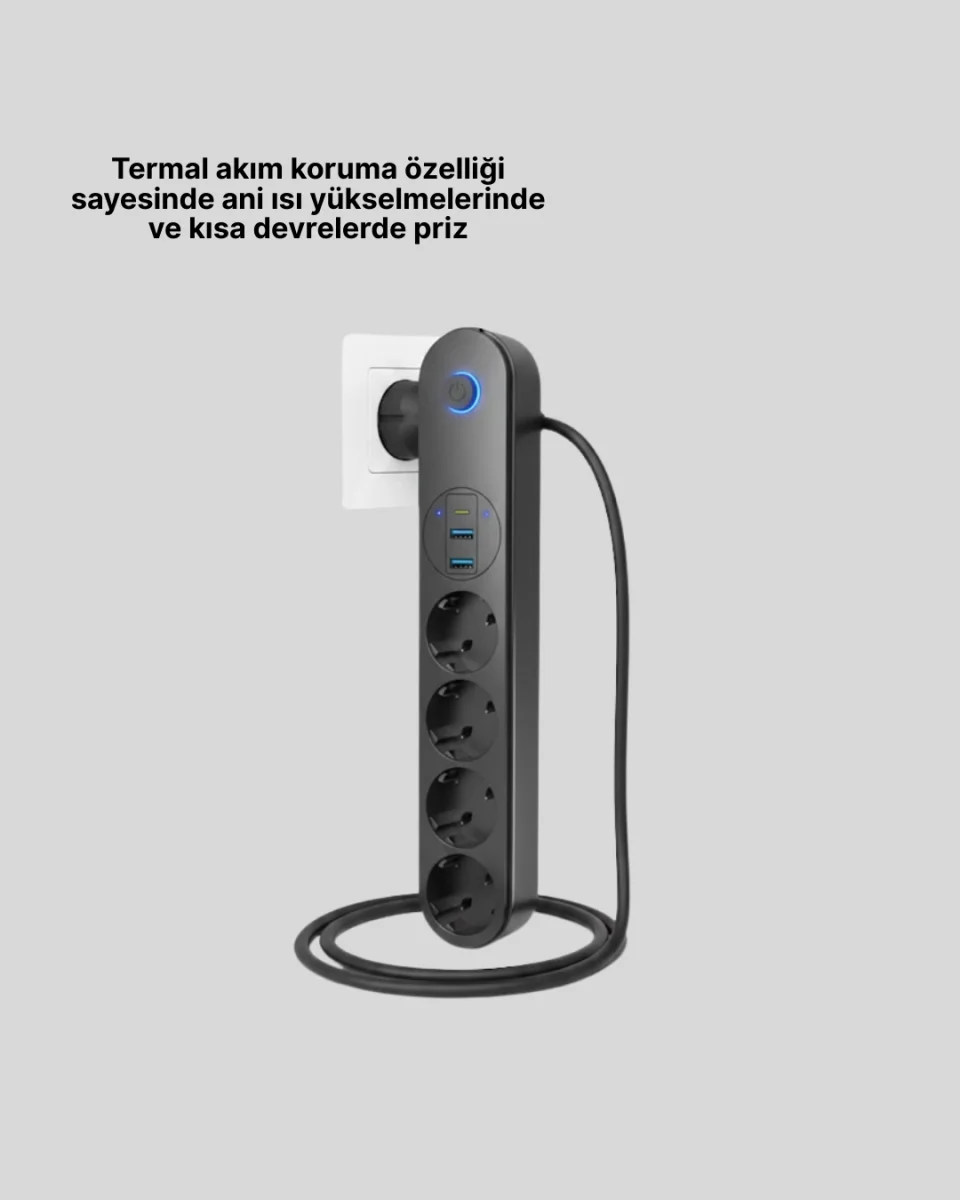4’lü Çoklu Priz 2 USB Type-C Girişli Akım Korumalı Siyah