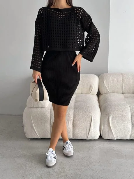 Kadın Delikli Kazak Askılı Elbise Triko Kumaş İkili Takım