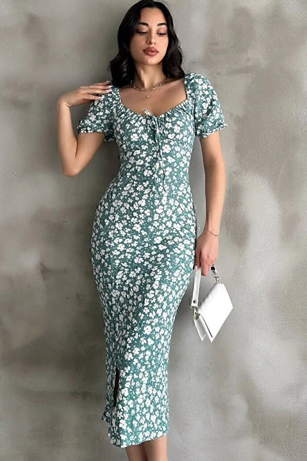 Mint Yeşili Desenli Yırtmaçlı Midi Elbise