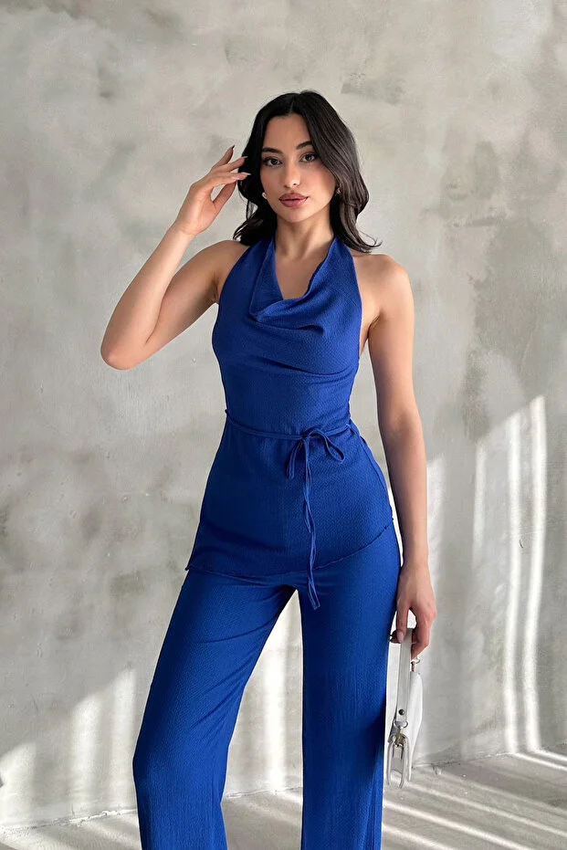 Kadın Saks Mavisi Degaje Yaka Bluz ve Pantolon İkili Takım