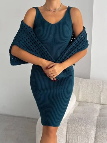 Kadın Delikli Kazak Askılı Elbise Triko Kumaş İkili Takım – Petrol