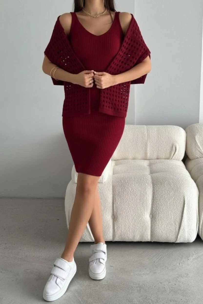 Kadın Delikli Kazak Askılı Elbise Triko Kumaş İkili Takım - Bordo