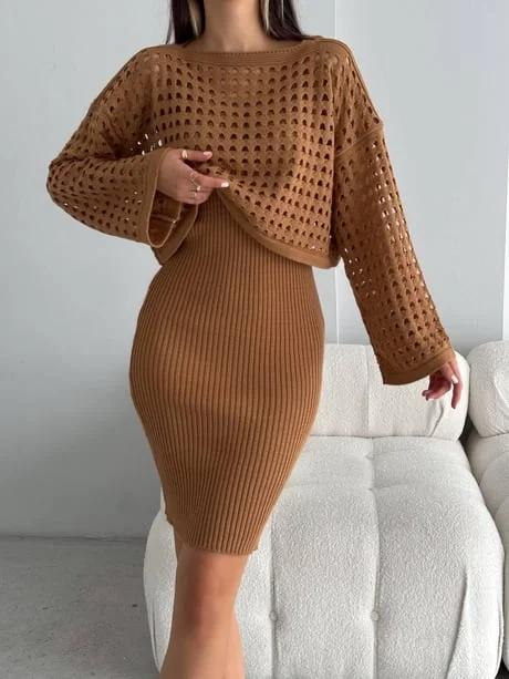 Kadın Delikli Kazak Askılı Elbise Triko Kumaş İkili Takım - Kahve