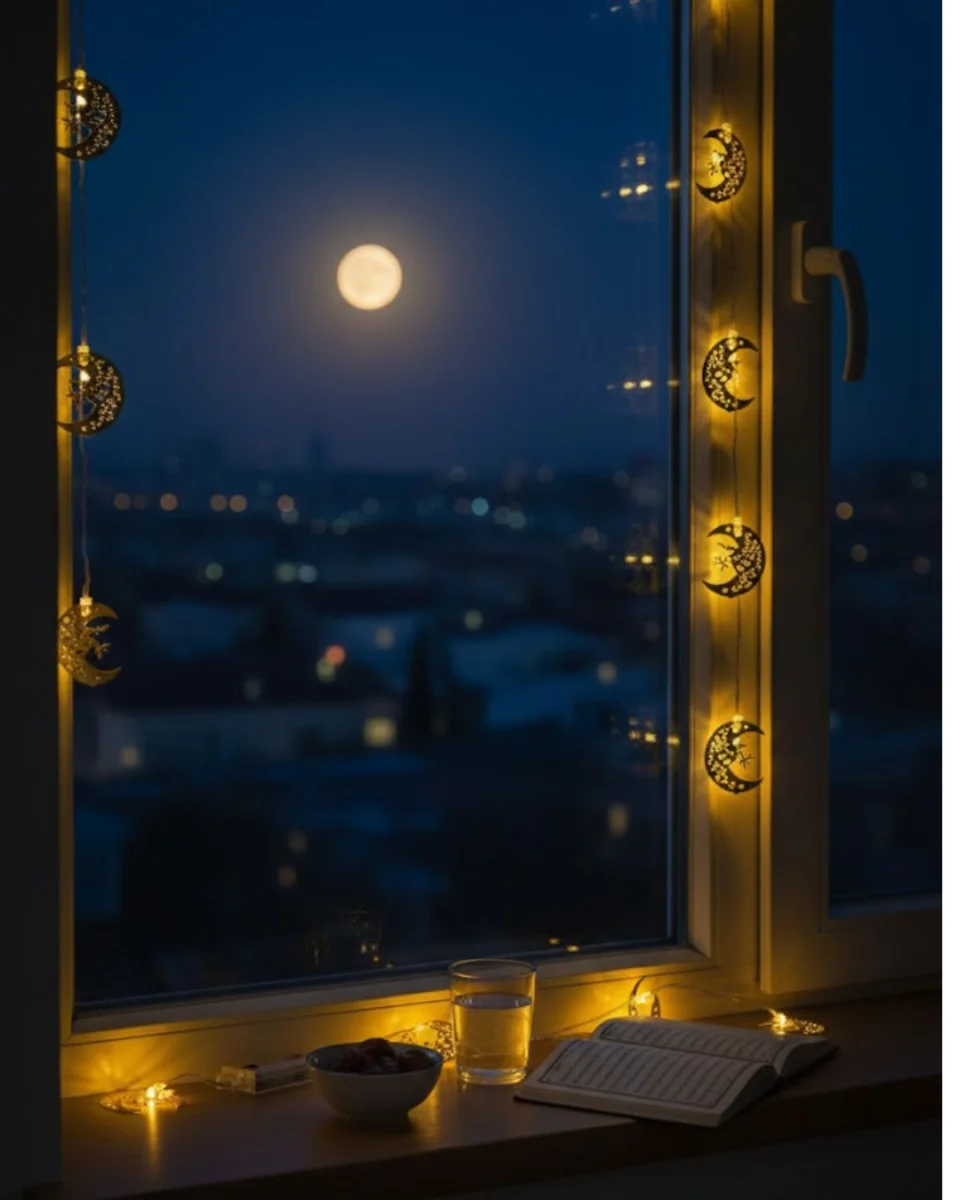 Ramazan Minare Detaylı Hilal LED Işık Günışığı Sarı Metal Süs