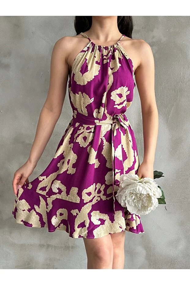 Kadın Mürdüm Bej Desenli Halter Yaka Kuşaklı Yazlık Elbise