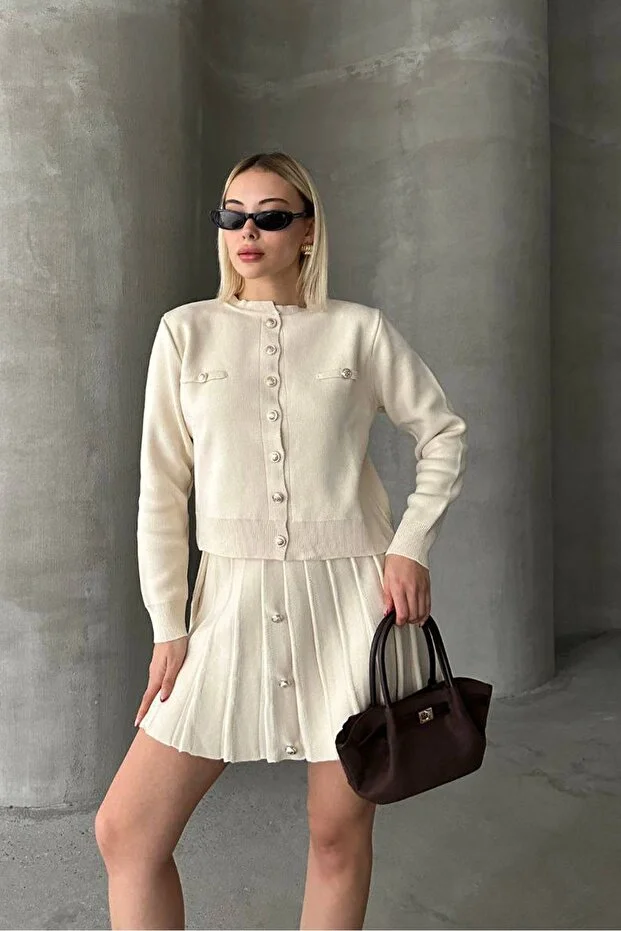 Kadın Triko Mini Etek Hırka Takım – Krem